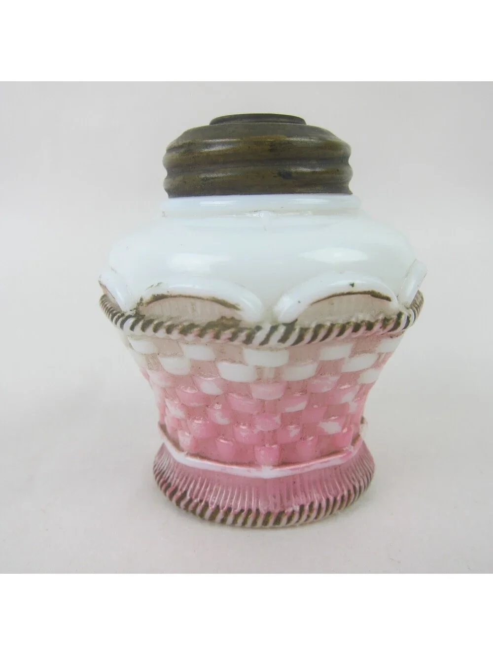 Antique Miniature Oil Lamp Base Pink & White Milk Glass Basket Weave 3